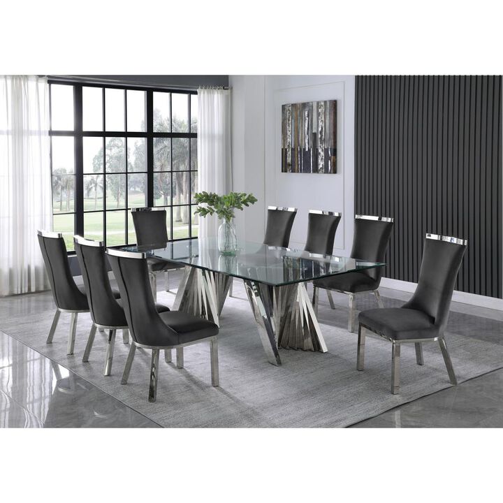 9pc dining set- Recatngle Glass table with silver color base and Dark Grey velvet chairs