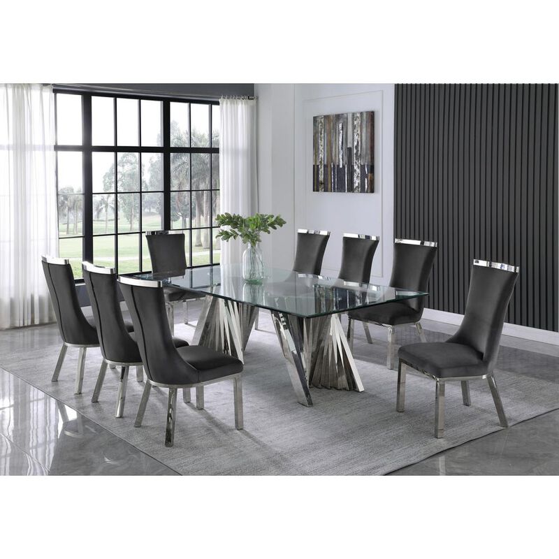 9pc dining set- Recatngle Glass table with silver color base and Dark Grey velvet chairs