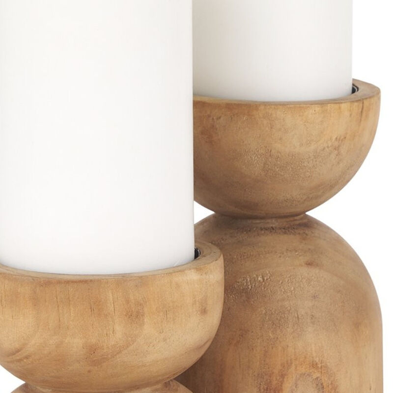 HomeRoots Set of Two Brown Distressed Geometric Solid Wood Tabletop Pillar Candle Holders image number 3