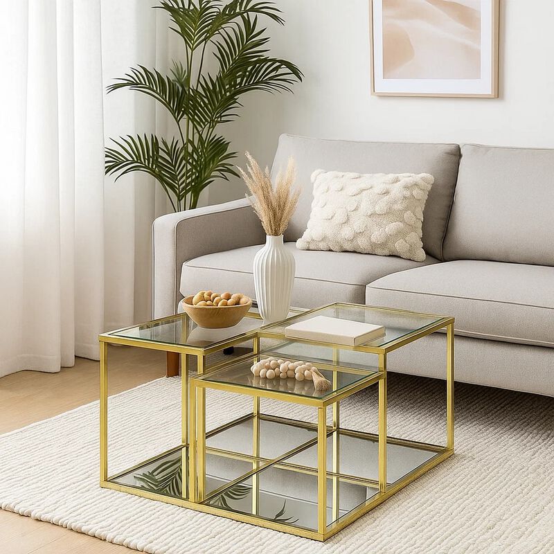 Coffee Table with Glass Top and Tubular Frame, Gold