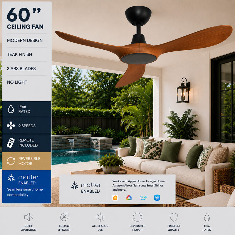 ENLIGHT 60" Smart DC Ceiling Fan, IP66 Outdoor/Coastal Rated, Matter Smart Home Integration, 3 Blades image number 1