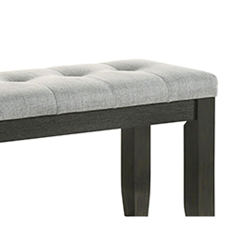Woodlands 48 Inch Bench, Classic Wood Frame, Soft Gray Finished Fabric - Benzara