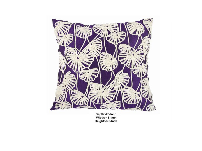 20 x 18 Inch Cotton Pillow with Dupioni Embroidery, White and Purple- Benzara