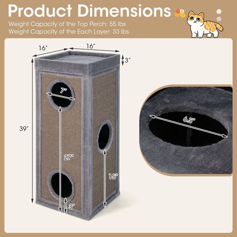 39" Tall Cat Condo with Scratching Posts and 3 Hideaways and 4 Soft Plush Cushions