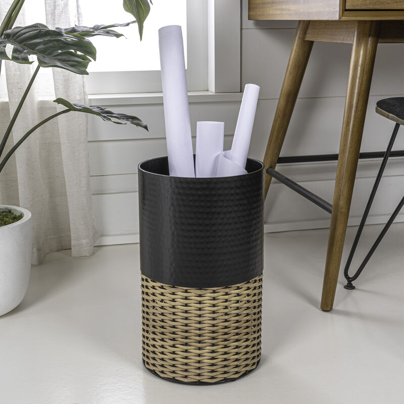 Asher Modern 2-Tone Faux Wicker/Metal Cylinder Waste Basket
