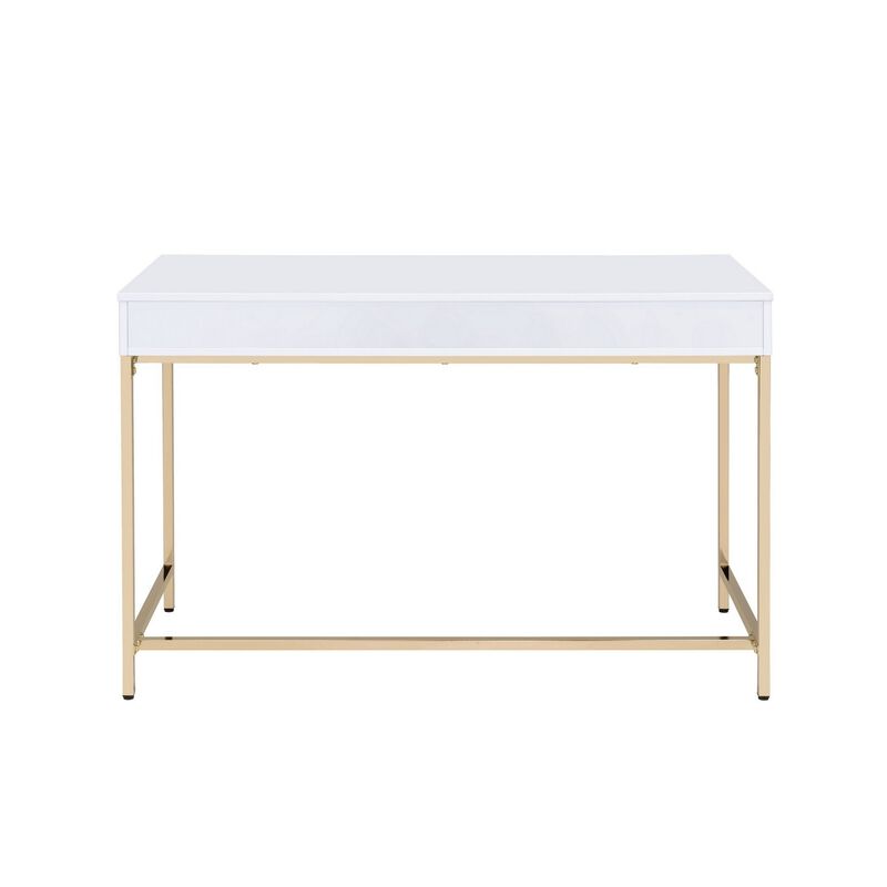 Two Drawers Wooden Desk with Tubular Metal Base, White and Gold