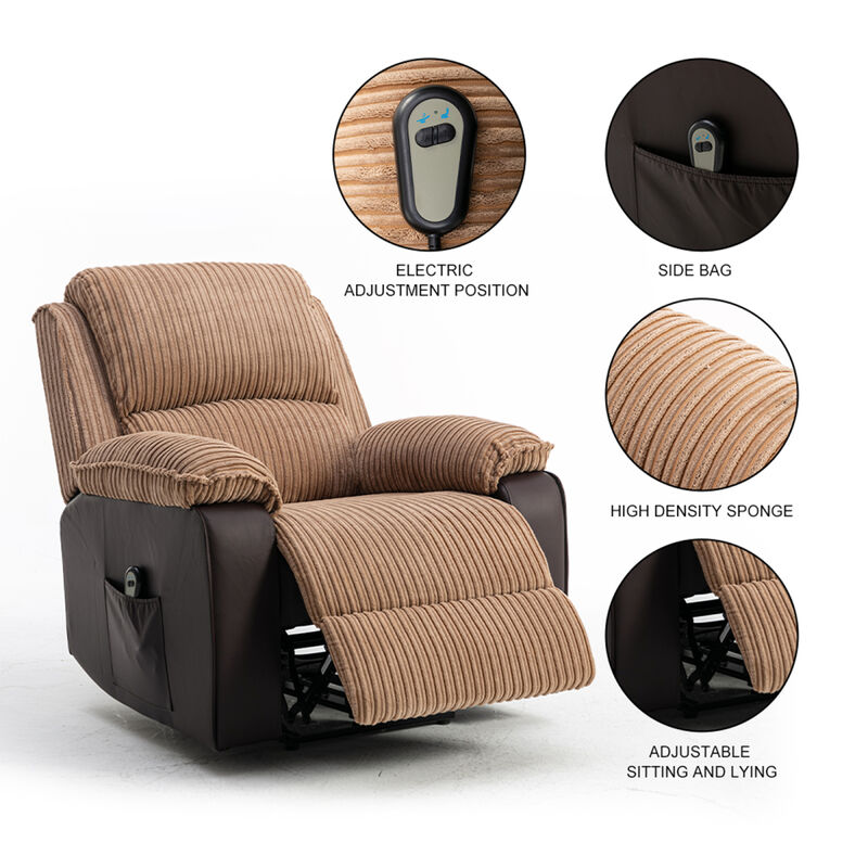 Brown Fabric Recliner Chair Theater Single Recliner Thick Seat and Backrest, suitable for living room, side bags Electric sofa chair, electric remote control.The angle can adjust freely
