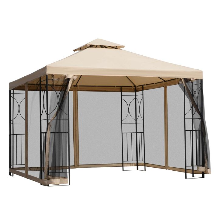 Outsunny 10' x 10' Patio Gazebo with Corner Shelves, Outdoor Gazebo Canopy Shelter with Netting, and Vented Roof, for Garden, Lawn, Backyard and Deck