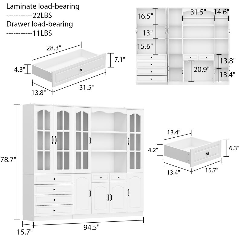 FUFU&GAGA Elegant Bookcase Cabinet with Glass Doors and 6 Drawers – Adjustable Shelves, P2 MDF, Modern Storage Solution for Living Room, Study, or Dining Area , (94.5”W x 78.7”H x 15.7”D),White