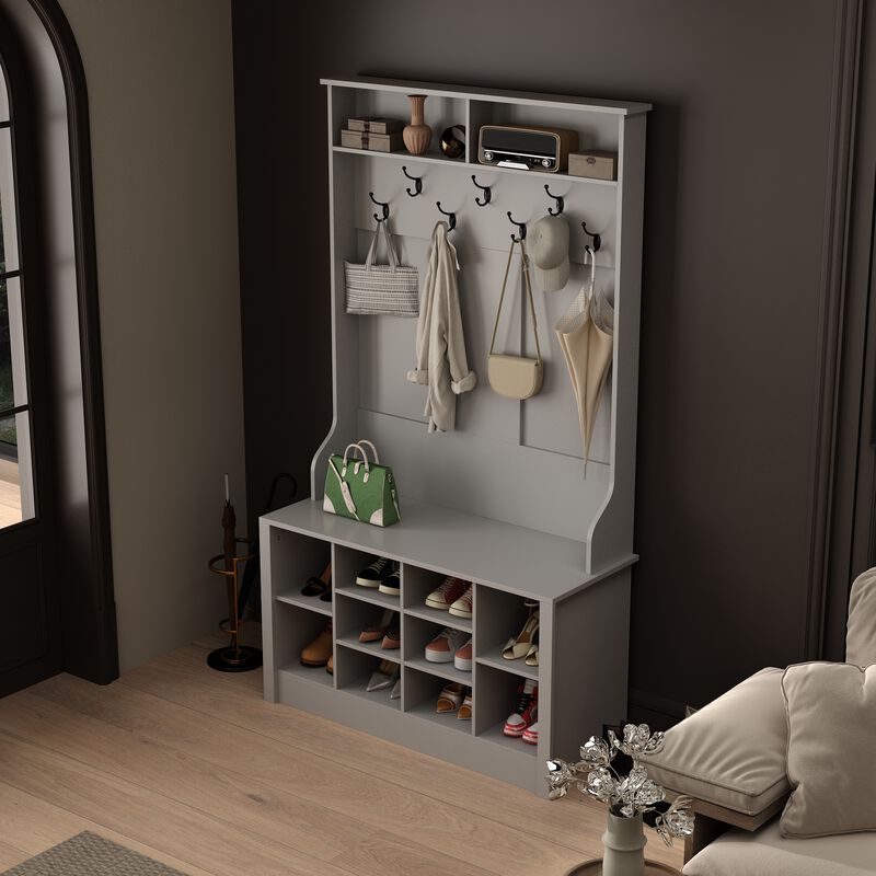68.5 in. Black Wood 3-in-1 Hall Tree Coat Rack Storage Bench with 7-Metal Double Hooks and Shelves image number 3