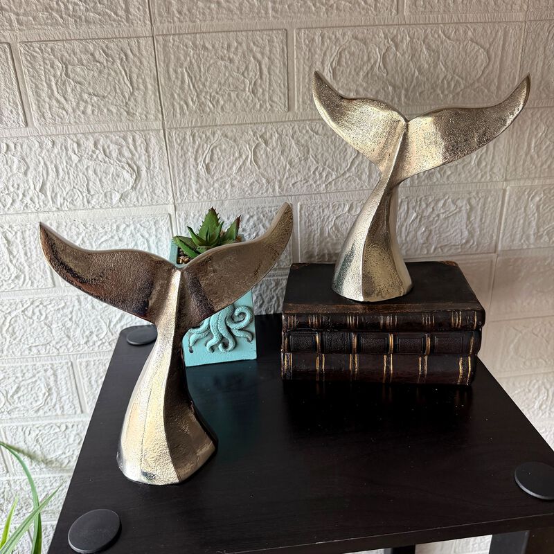 Decorative Whale Tail Bookends Set Of 2 Silver Cast Aluminum 7 In image number 5