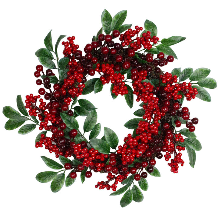 Red Berries and Two-Tone Green Leaves Artificial Christmas Wreath - 18-Inch  Unlit