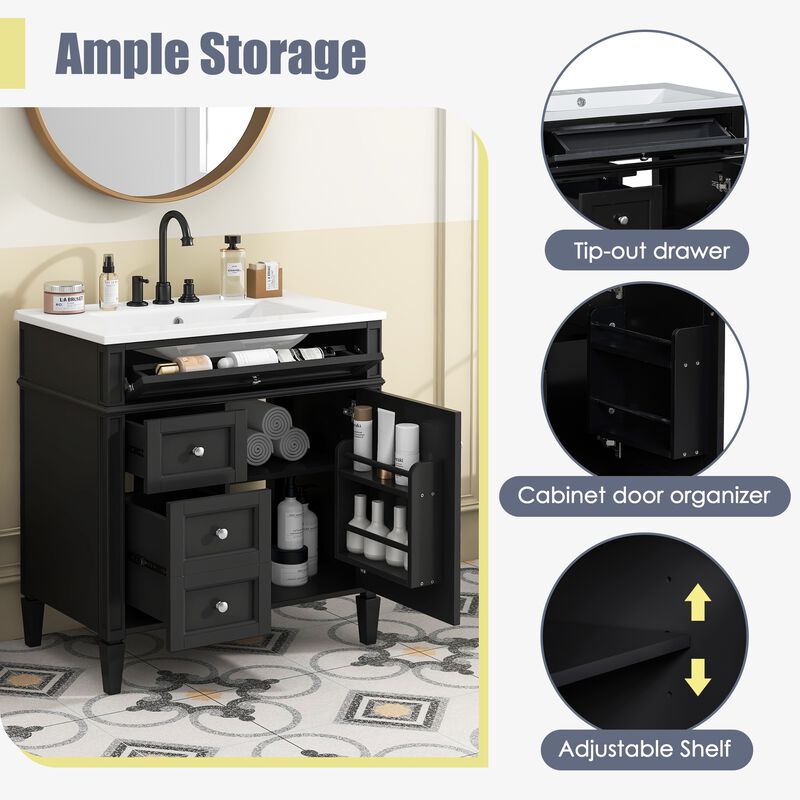 30 in. W Modern Single Sink Bathroom Vanity with 2 Drawers and 1 Tip-Out Drawer image number 3