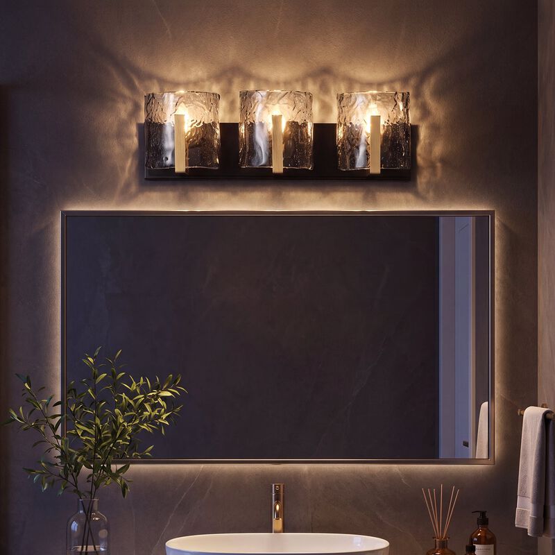 Brass Bathroom Vanity Light, Three-Light Smoky Gray Ripple Glass image number 3
