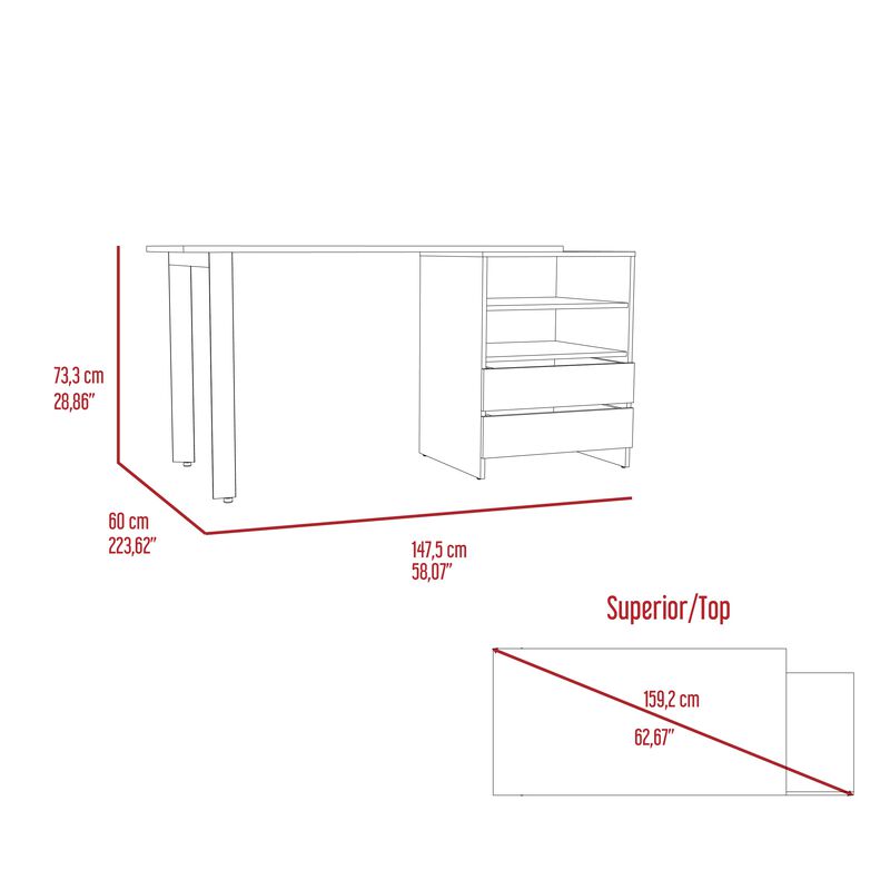 Malaui 120 Desk, Two Legs, Two Drawers, Two Shelves -Light Gray