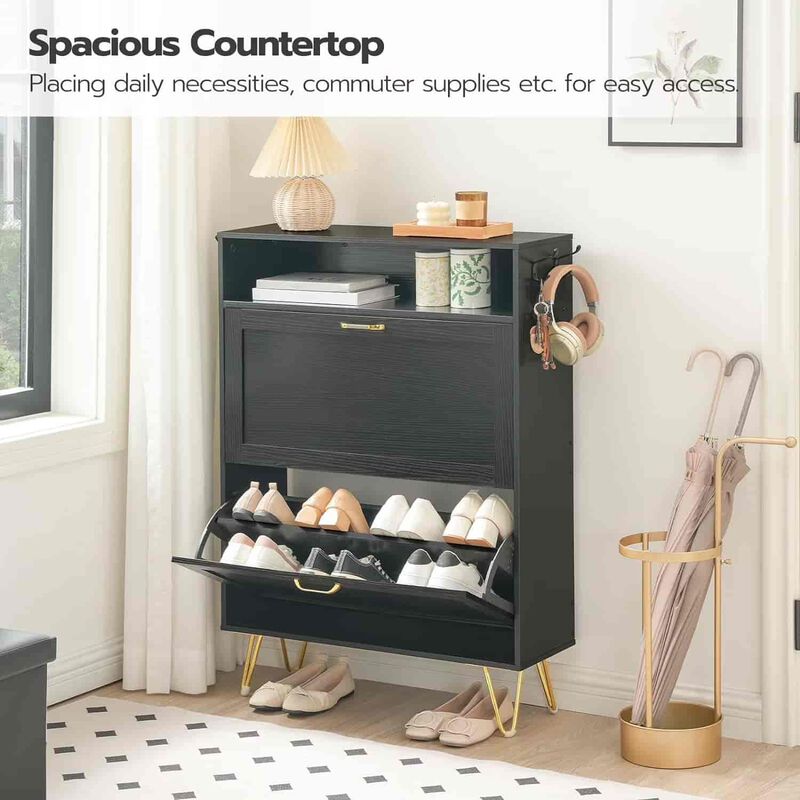 Shoe Cabinet with 2 Flip Drawers Tipping Bucket Design for Entryway- Black image number 3