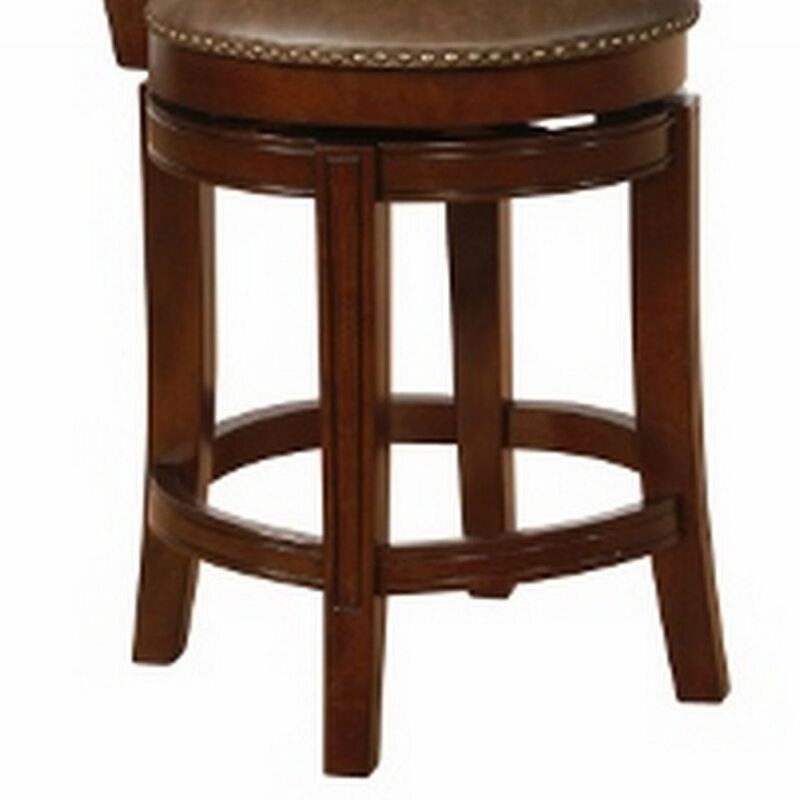 Counter Stool with Leatherette Rolled Button Tufted Back, Set of 2, Brown-Benzara