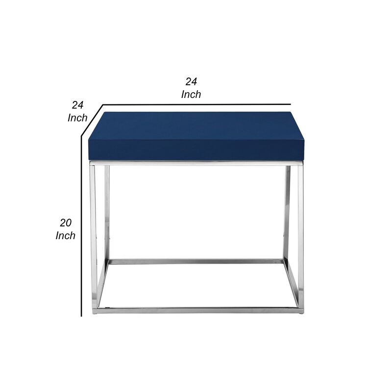 Zen 24 Inch Side End Table, Square, Polished Blue Top, Chrome Metal Finish