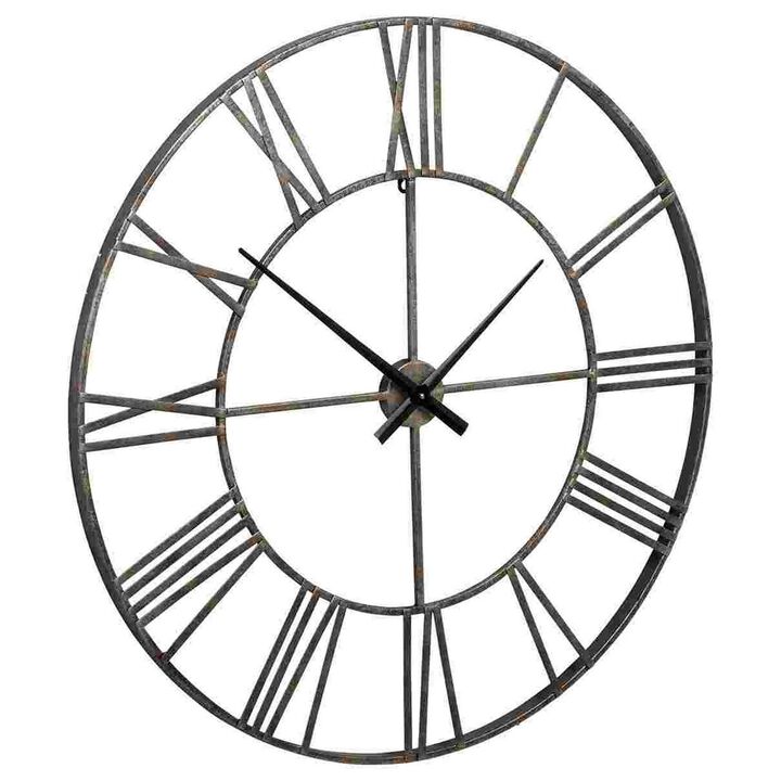 Wall Clock with Sleek Open Metal Frame and Roman Numbers, Antique Silver-Benzara