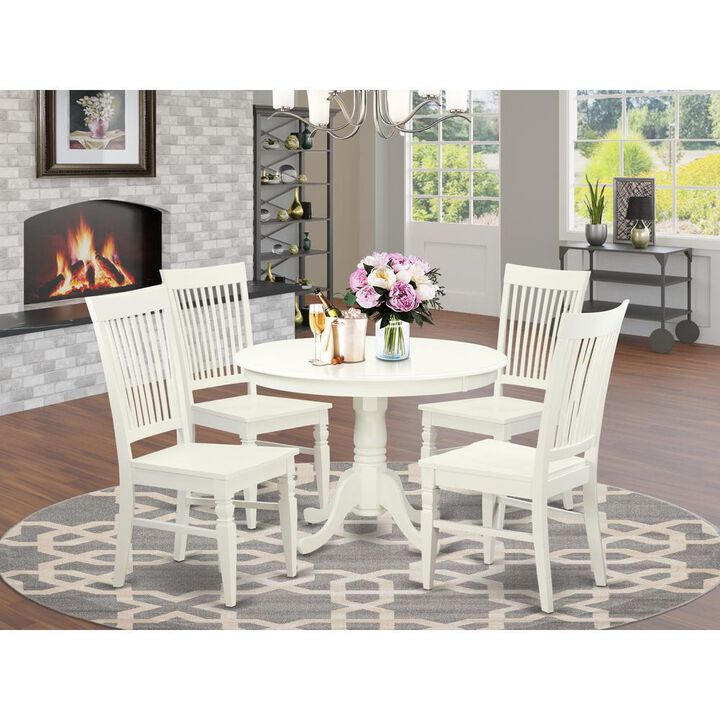 5 Pc set with a Round Dinette Table and 4 Wood Dinette Chairs in Linen White