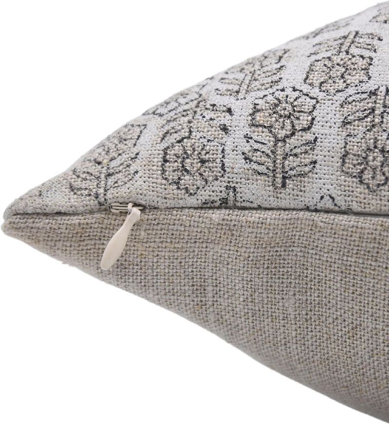 Fabdivine White Boho Farmhouse Throw Pillow Cover Handmade Linen Cushioncase with Floral Block Print for Sofa, Couch, or Bedroom, Tulsi Buti image number 2