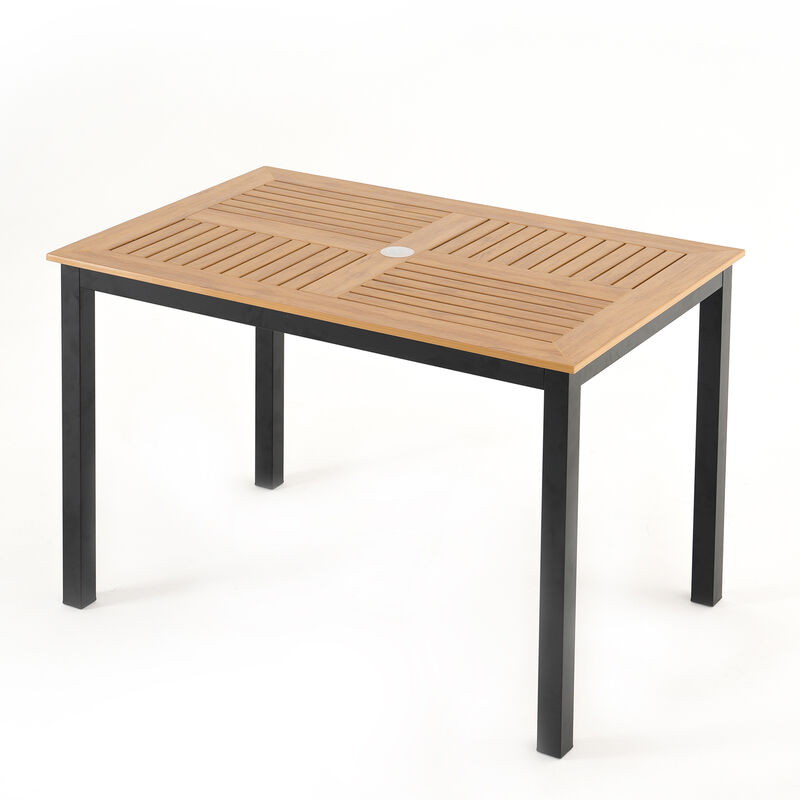 Light Wood Plastic Outdoor Dining Table, Slatted Top with Dark Gray Rust-Proof Metal Frame image number 0