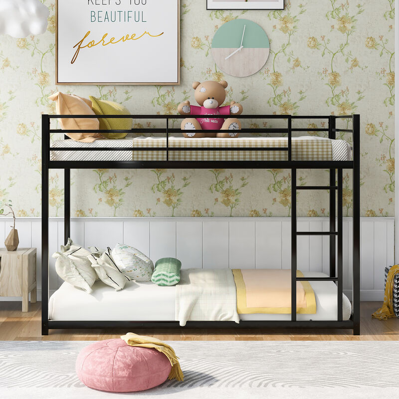Twin over Twin Metal Bunk Bed, Low Bunk Bed with Ladder
