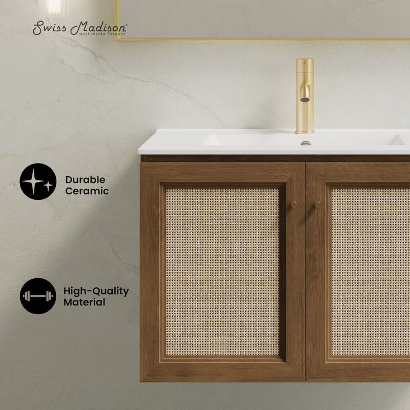30" Wall-Mounted Bathroom Vanity in Brown Oak with Single Faucet Hole Vanity Top image number 6