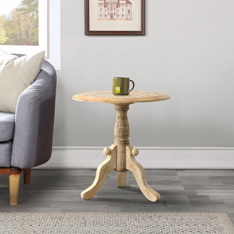 Intricately Carved Round Top Mango Wood Side End Table with Pedestal Base, Brown and White image number 8