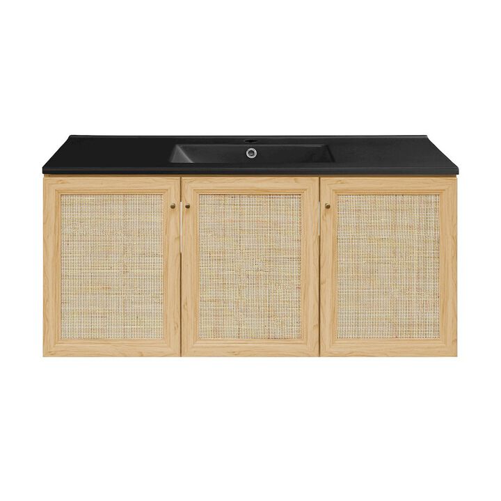 Classe 48" Wall-Mounted Bathroom Vanity in Natural Oak with Black Sink Top