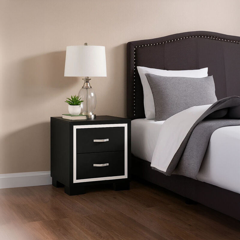 Geny Nightstand, 2 Drawers, Silver Trim and Metal Handles, Black Wood image number 1
