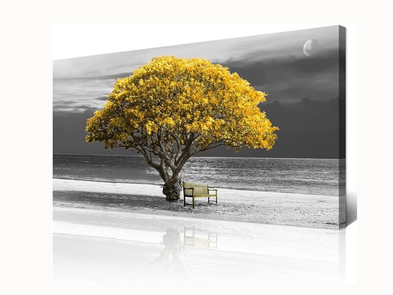 Black & White Landscape Canvas with Yellow Trees – 20×40" Framed Wall Art for Living Room, Bedroom & Office
