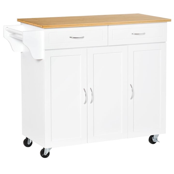 White Kitchen Helper: Mobile Island with Bamboo Top and Storage