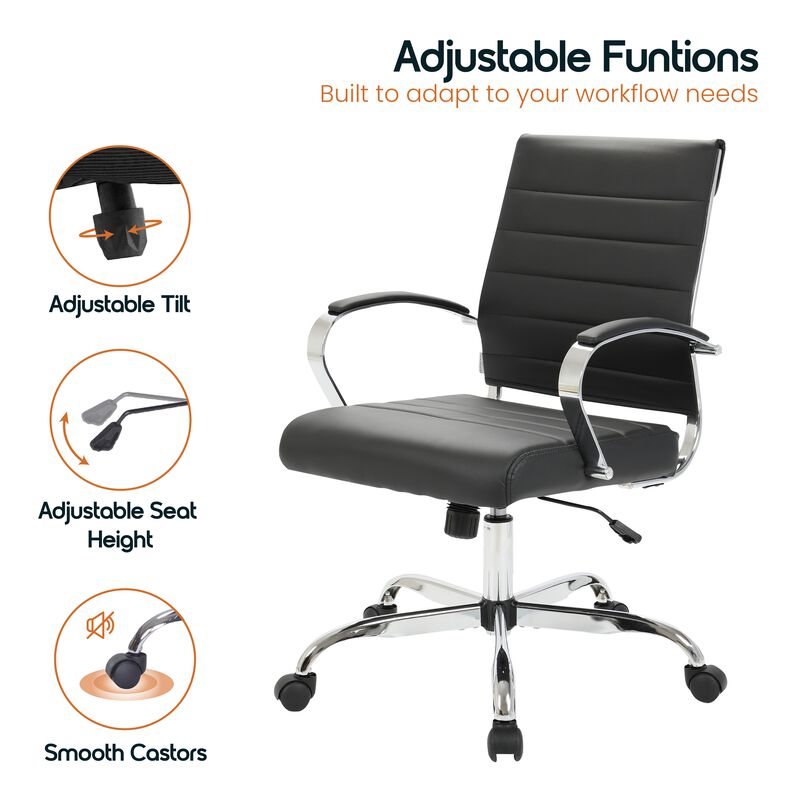 LeisureMod Benmar Mid-Back Office Chair, Leather Upholstery with Swivel, Tilt, and Chrome Base, Modern Desk Seating for Home Office or Conference Room
