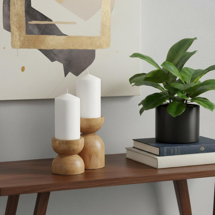 HomeRoots Set of Two Brown Distressed Geometric Solid Wood Tabletop Pillar Candle Holders