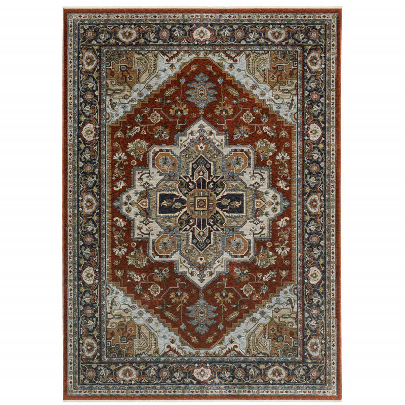 2 X 3 Blue Beige grey gold green And Rust Red Oriental Power Loom Stain Resistant Area Rug With Fringe
