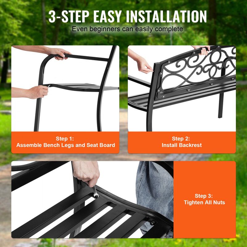 Patio Garden Bench, Metal Outdoor Bench with Backrest & Armrests for Porch Yard image number 3