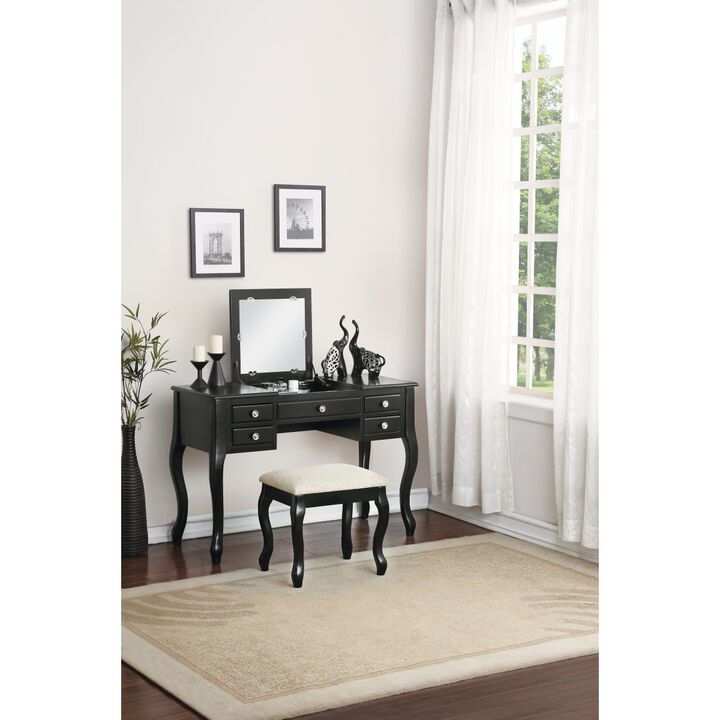 Classic 1pc Vanity Set w Stool Black Color Drawers Open-up Mirror Bedroom Furniture Unique Legs Cushion Seat Stool Vanity