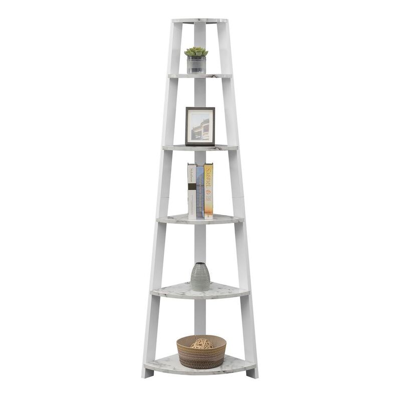 Convenience Concepts Newport 5 Tier Corner Bookshelf White Faux Marble/White
