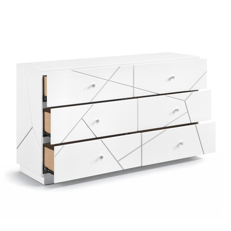 Oly Wide Dresser, 6 Drawers, Geometric Design, Chrome Knobs, Glossy White image number 3