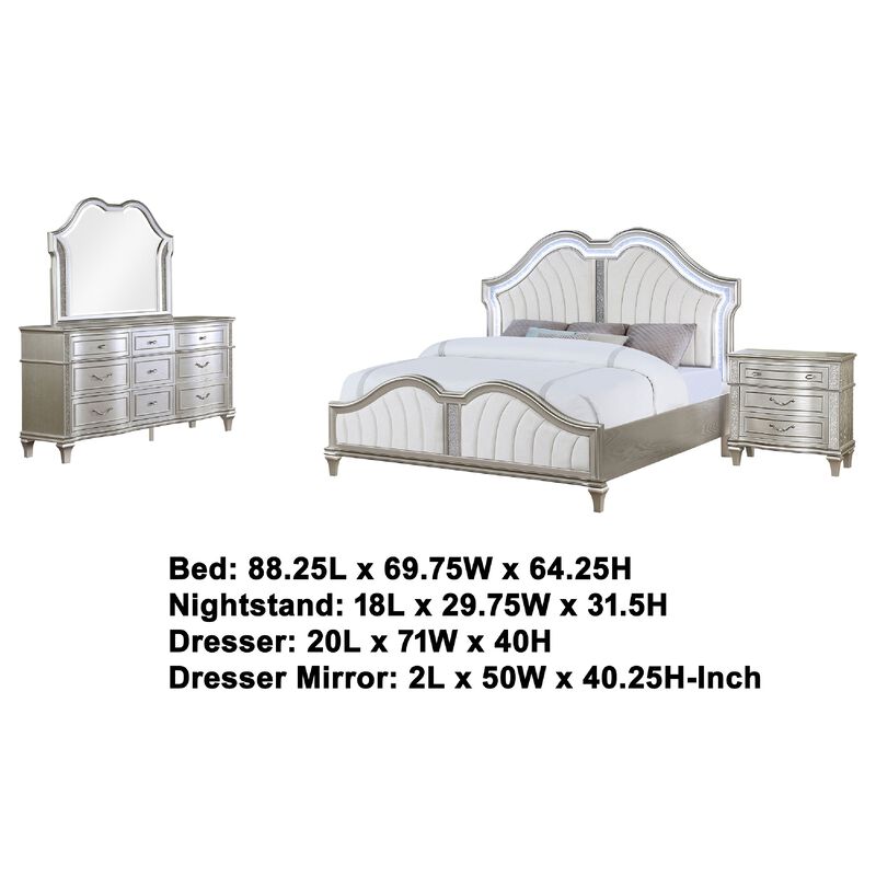 Nive 4pc Queen Bedroom Set, Ivory Channel Tufted Bed with Silver Oak