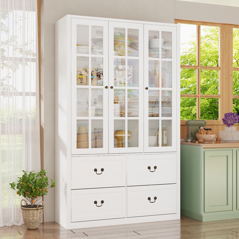 47.2 in. W x 78.7 in. H 8-Shelf Wood Standard Bookcase Bookshelf With Glass Doors, Adjustable Shelves, Drawers