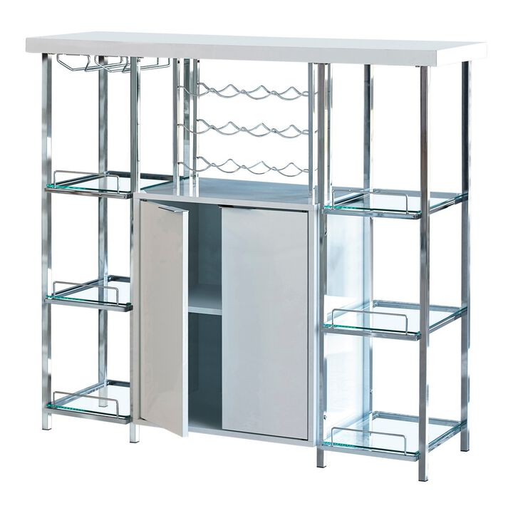 6 Glass Shelf Metal Frame Bar Cabinet with Power Outlet, Clear and Chrome-Benzara