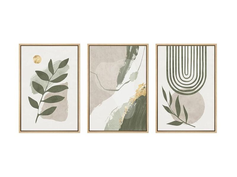 Large Framed Boho Sage Green Abstract Wall Art 3 Piece Leaf Canvas Decor 16x24 Inch image number 0
