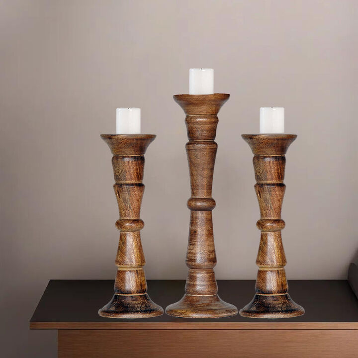 Traditional Medium Burnt Eco-friendly Handmade Mango Wood Set Of Three 12",15" & 12" Pillar Candle Holder BBH Homes