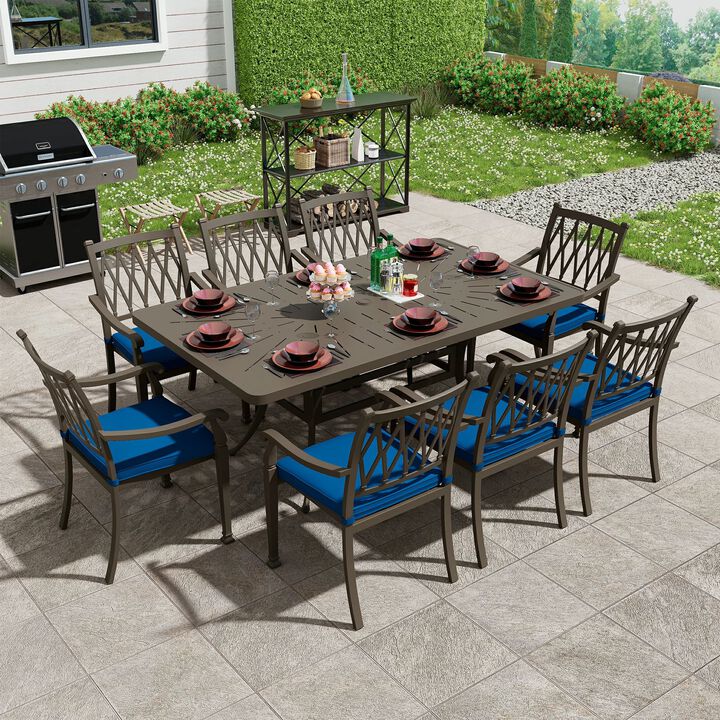 Mondawe 9-Piece Cast Aluminum Patio Dining Set 1 Rectangle Retro Table and 8 Dining Chairs with Cushion