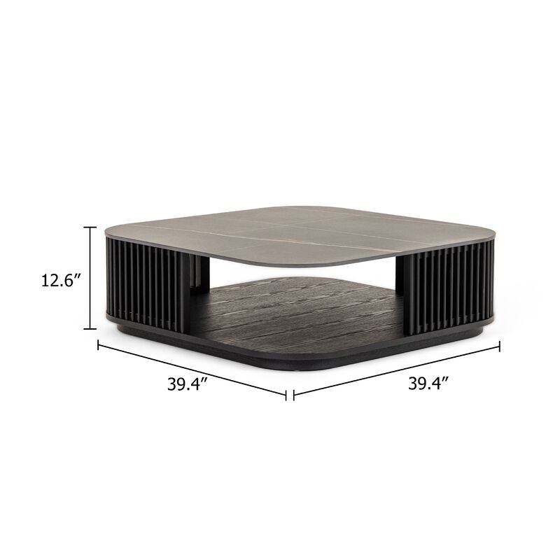 Cid Cia Coffee Table, 39 Inch Black Ceramic, Solid Wood Frame - Benzara