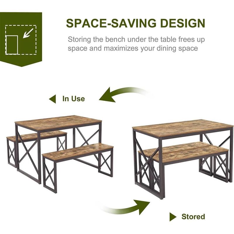Hivvago Modern Industrial Wood-Top Kitchen Dining Table Set with 2 Backless Benches