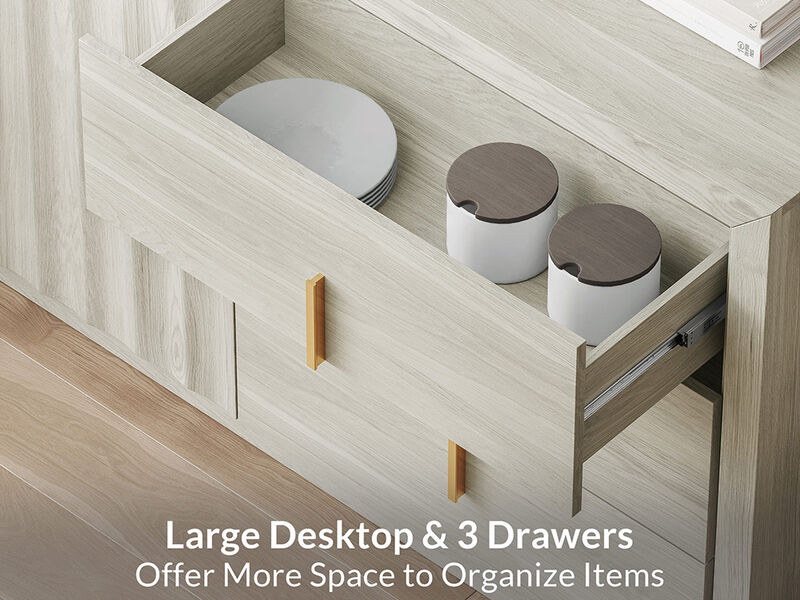 BELLEZE Sideboard Buffet Cabinet, 64.5" Modern Console Table with 3 Drawers and 2 Fluted Doors, Entryway Accent Storage Cabinet, Adjustable Shelves, Dining Room Living Room, White Sand