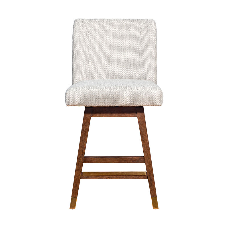 Basila Swivel Stool in Brown Oak Wood Finish with Beige Fabric